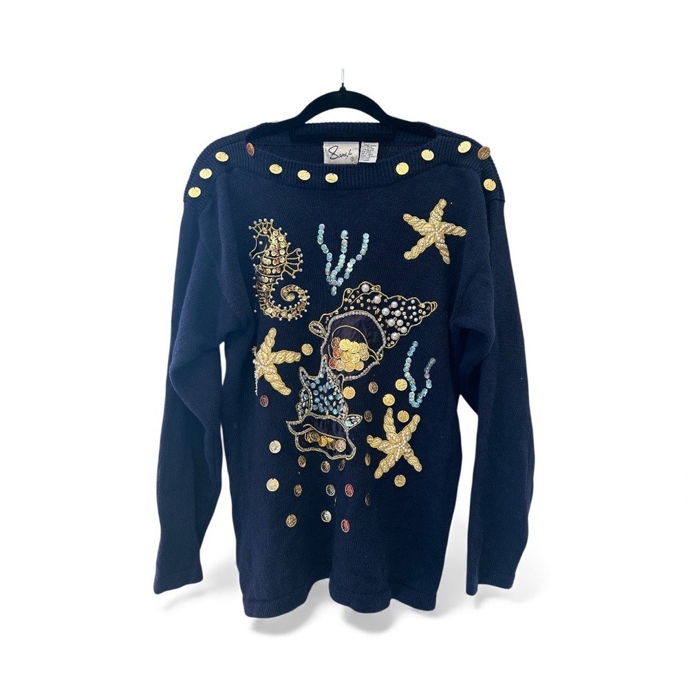 Vintage 80s/90s SandyLo Navy Knit Sweater with Sea Life Embellishments One Size